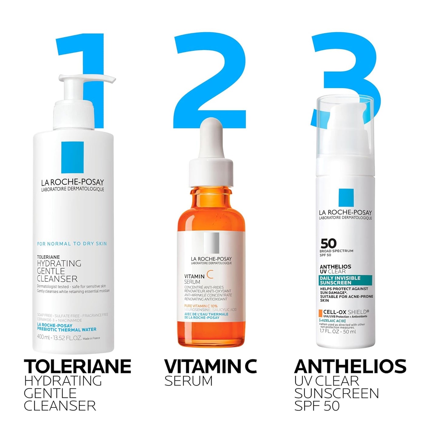 La Roche Posay Anthelios UV Sunscreen SPF 50, Daily Sunscreen for Face in 3 Formulas, UV Tone with Niacinamide, UV Hydra with Hyaluronic Acid, UV Clear with Azelaic Acid, Broad Spectrum Invisible SPF