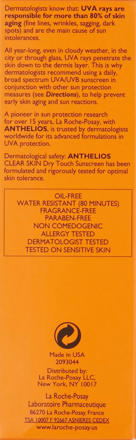 La Roche-Posay Anthelios Clear Skin Sunscreen Dry Touch SPF 60, Oil Free Sunscreen For Face, Oil Absorbing, Broad Spectrum SPF + Antioxidants, Non-Greasy, Oxybenzone Free, Travel Size