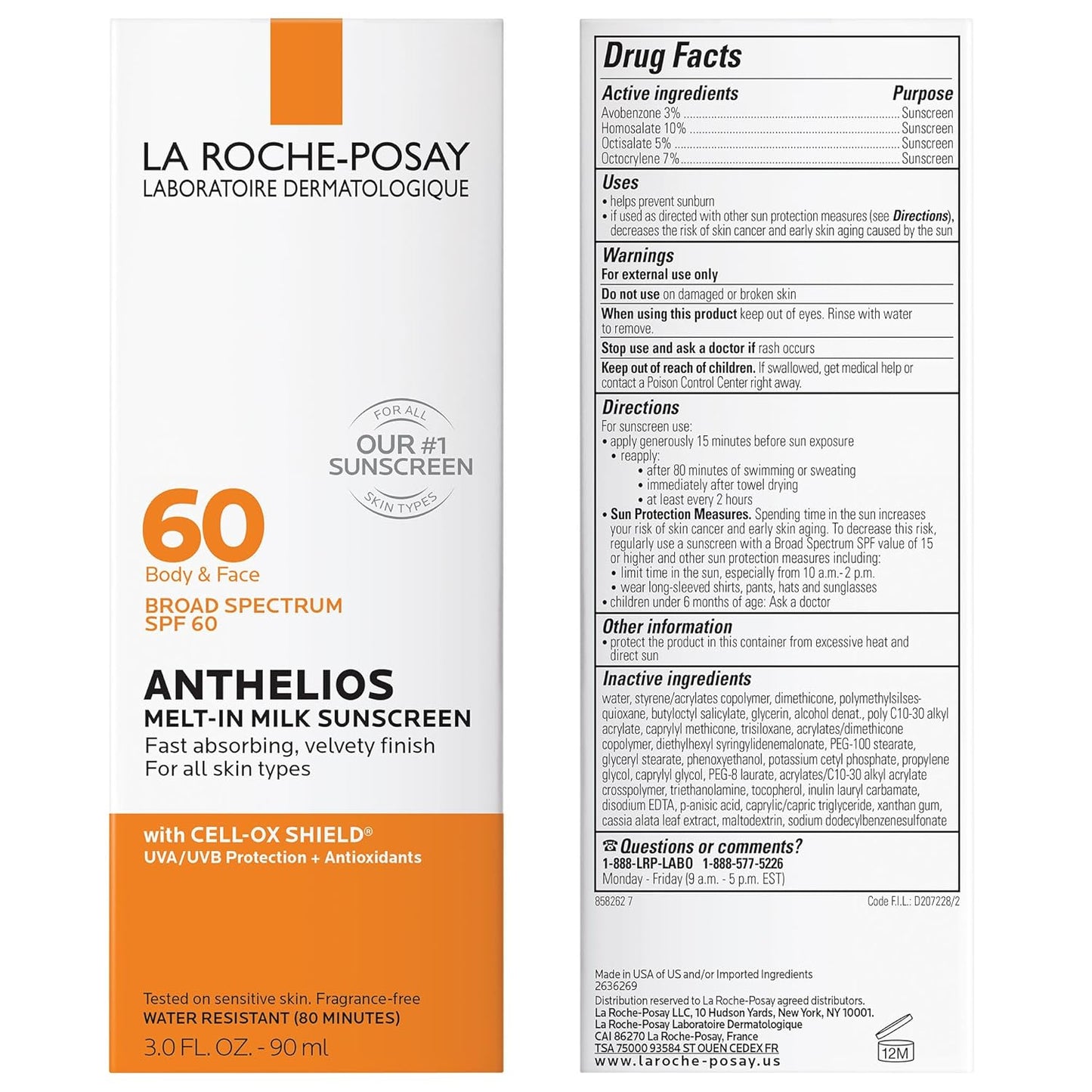 La Roche-Posay Anthelios Melt-In Milk Sunscreen SPF 60, Sunscreen For Body & Face, Broad Spectrum SPF + Antioxidants, Oil Free, Lightweight & Fast Absorbing, Oxybenzone Free