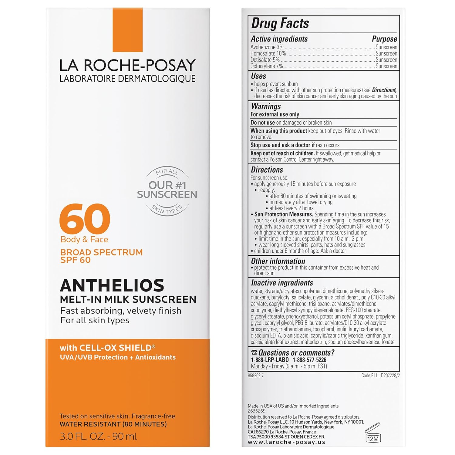 La Roche-Posay Anthelios Melt-In Milk Sunscreen SPF 60, Sunscreen For Body & Face, Broad Spectrum SPF + Antioxidants, Oil Free, Lightweight & Fast Absorbing, Oxybenzone Free